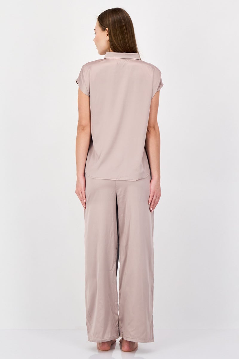 NINE WEST Women 2 Pieces Solid Top And Bottom Pajama Set, Tan - Image 4